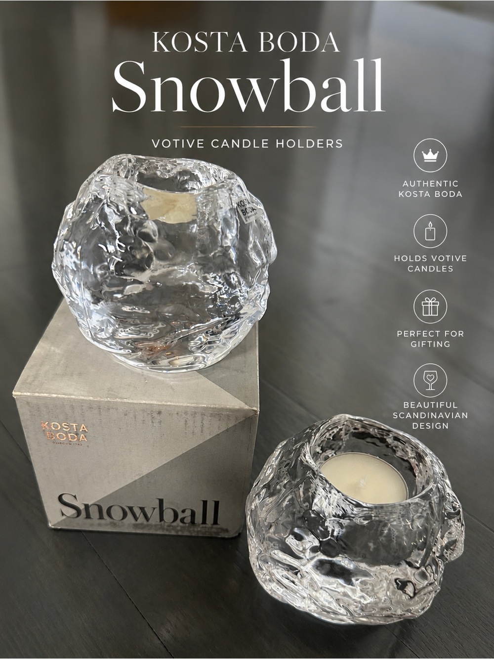Kosta Boda Snowball Crystal Votive Candle Holders Set of 2, One New in Box